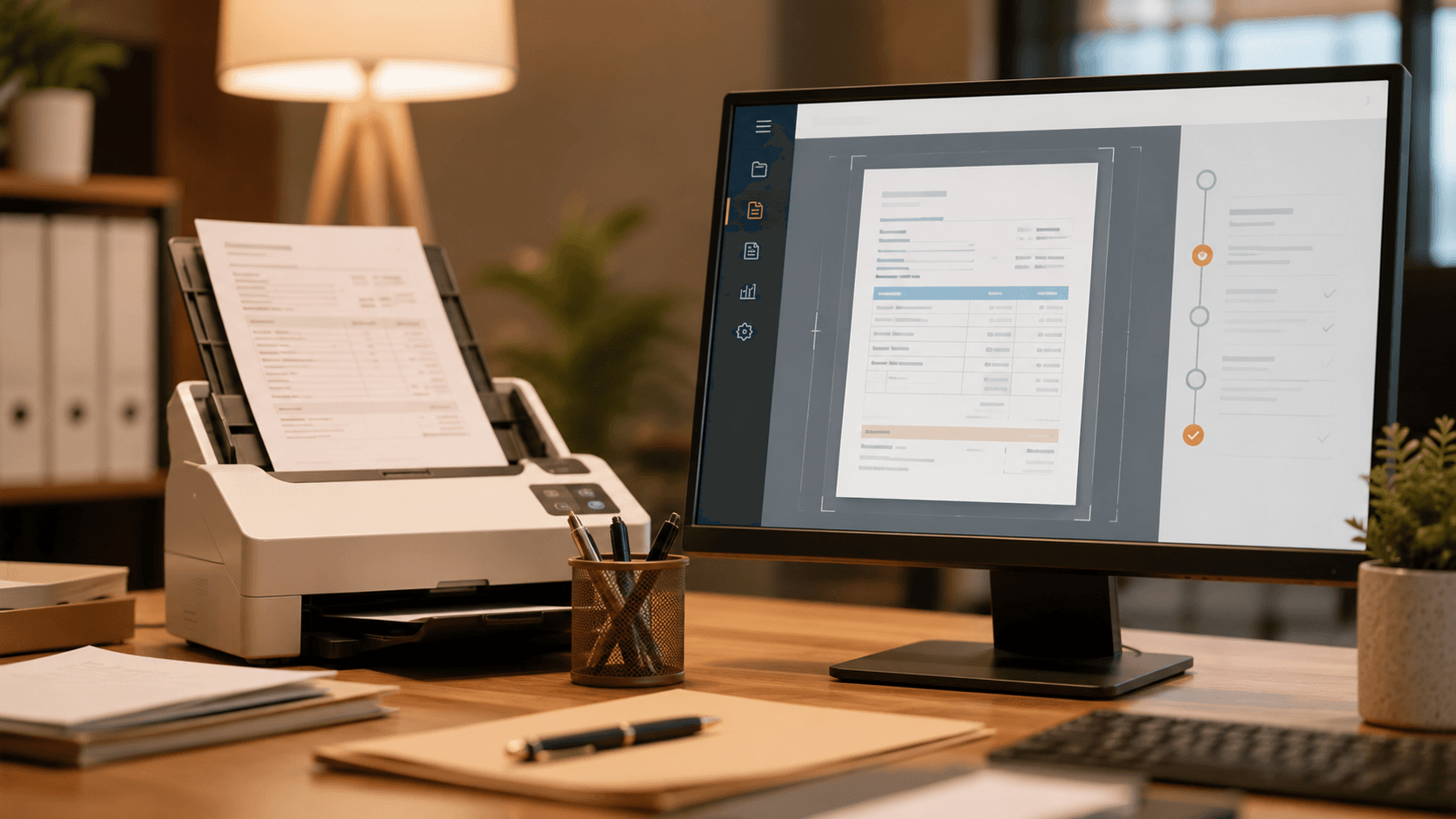 Poste de travail avec ordinateur et imprimante, illustration de la facturation en entreprise
