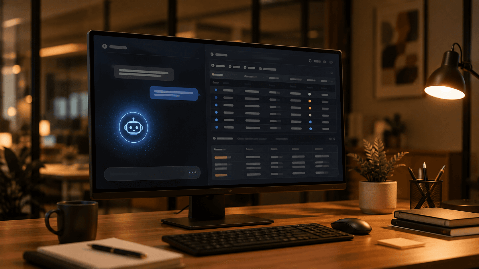 Interface Copilot avec assistant IA et tableau de données structurées dans Dynamics 365