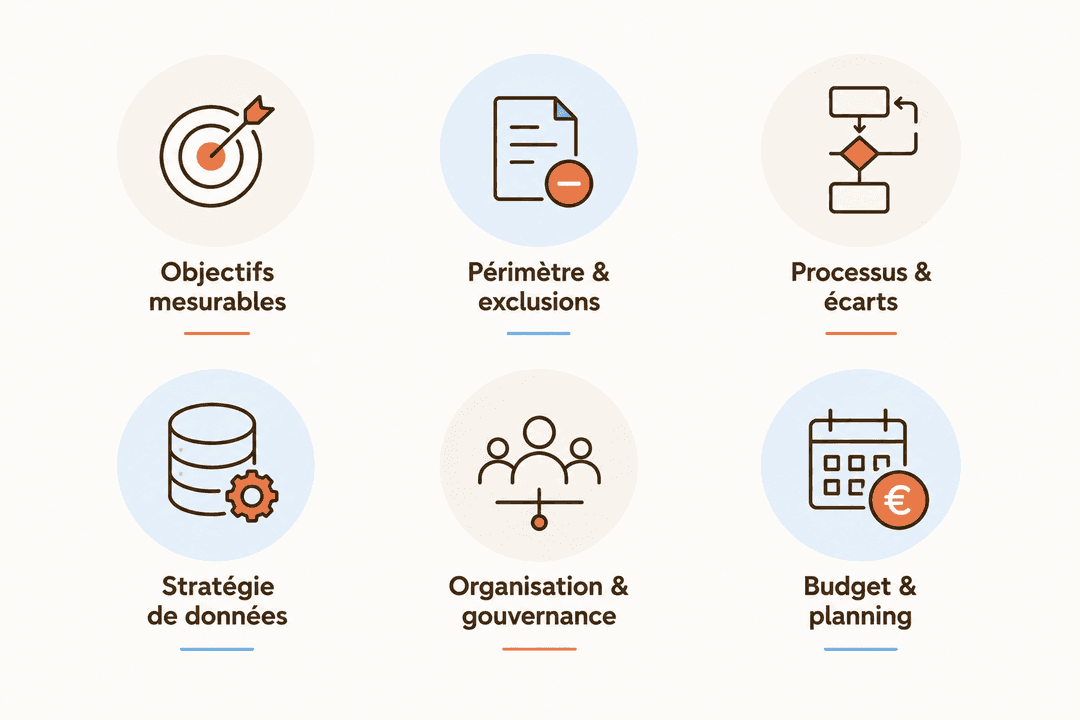 Schéma des six livrables d'un cadrage de projet ERP : objectifs, périmètre, processus, données, gouvernance, budget